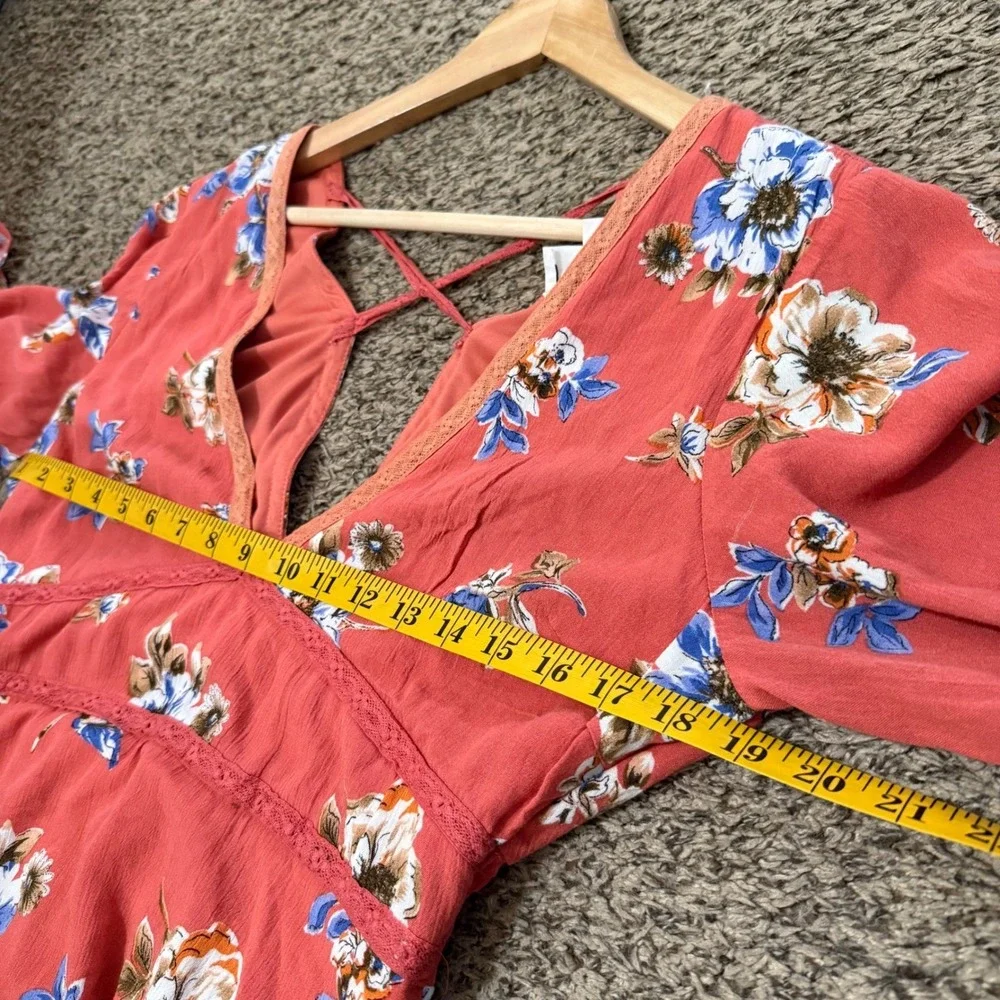 Anthropologie lost + Wander Floral Mini Dress Womens‎ L Rust Red Boho V-Neck